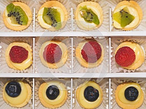 Mini cakes with berries and fruits. raspberry, blueberry and kiwi. delicious small tarts