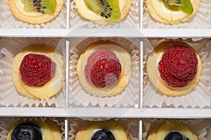 Mini cakes with raspberry close up. delicious small tarts