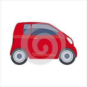 Mini car. Red microcar in the back of a hatchback. Car in cartoon simple style. photo