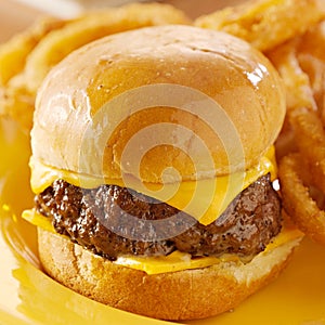 Mini cheese burger closeup.