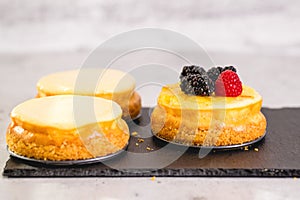 Mini cheesecakes with fresh berries topping, close-up on light grey background