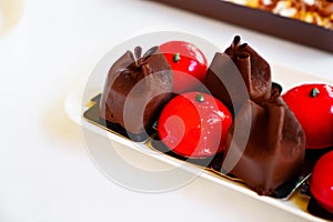 mini chocolate cakes and souffles. confectionery shop.