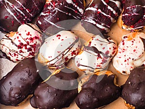 mini chocolate eclairs, closeup