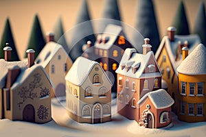 Mini Christmas village with cute little houses. Generative AI