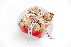 Mini Christstollen in a red tray with ribbon