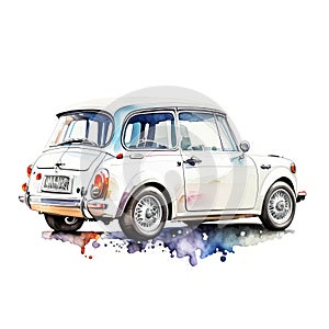 Mini classic car, watercolor style on White background