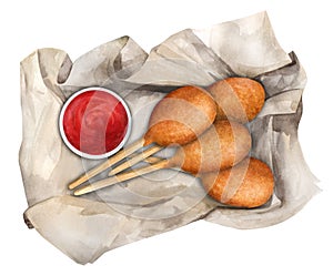 Mini corn dogs on paper with ketchup. Street food