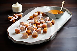 mini creme caramels on dessert platter