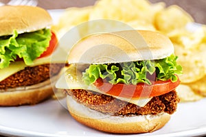 Mini Crispy Chicken Burger with Lettuce Tomato and Cheese.