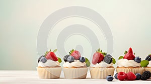 Mini cupcakes set with cream cheese frosting decorated with fresh strawberry, blackberry and blueberry. Delicious homemade dessert