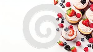 Mini cupcakes set with cream cheese frosting decorated with fresh strawberry, blackberry and blueberry on white background, flat