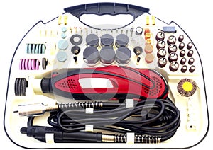 Mini drill machine with set of different accessories in white background