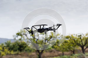 Mini drone flying in a greenhouse on a fruit trees crop