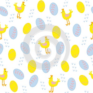Mini easter eggs and chickens seamless pattern on a white background