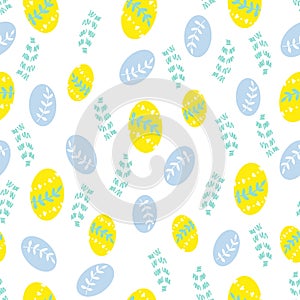 Mini easter eggs with leaves seamless pattern on a white background