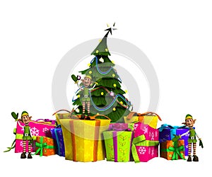 Mini Elves On Presents With Christmas Tree