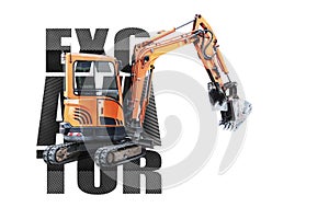 Mini excavator on a white isolated background. Compact construction equipment for earthworks. Close-up