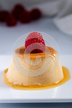 Mini flan dessert with raspberry garnish