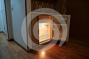 Mini fridge with open door in the kitchen