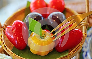 Mini Fruits and Vegetables Shaped Thai Style Marzipan Called Kanom Look Choup, a Famous Thai Traditional Dessert