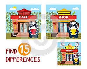 Mini game for children. Find 15 differences. Cute panda near Japanese cafe