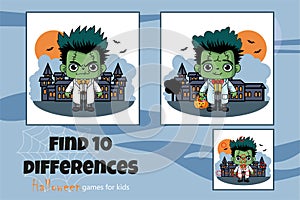 mini games for children. Find 10 differences, cute Frankinstein on Halloween