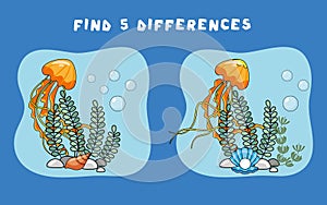 Mini-games for children. Preschoolers. Find the difference Picture with jellyfish and algae. Logical tasks