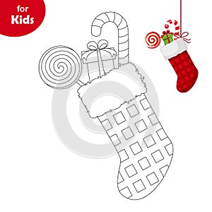 Mini games for little kids. Coloring book. Red Christmas sock with candy