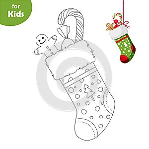 Mini games for the little ones. Coloring book. Green Christmas sock with candy