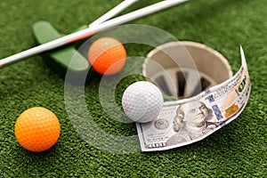 Mini Golf club, ball and money on the artificial grass