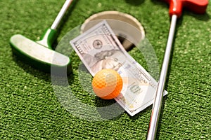 Mini Golf club, ball and money on the artificial grass