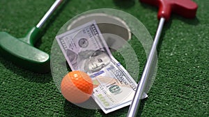 Mini Golf club, ball and money on the artificial grass