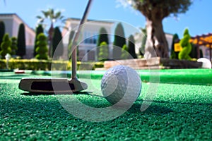 Mini golf scene with ball and club