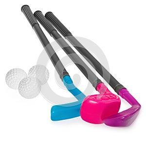 Mini golf set, toy for children, plastic golf stick and balls.