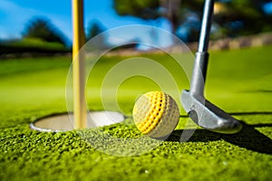 Mini Golf yellow ball on green grass at sunset