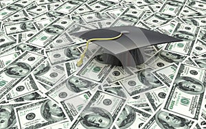 Mini graduation cap on US money - education costs
