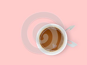 mini heart reflecting on coffee in paper cup isolated on pastel pink background