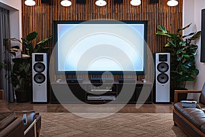 Mini Home Theater on white wall, big screen, audio equipment