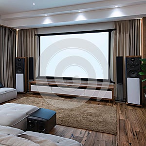 Mini Home Theater on white wall, big screen, audio equipment