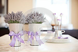 mini lavender topiaries in silver pails