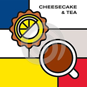 Mini lemon cheesecake with tea cup. Modern style art with rectangular color blocks.