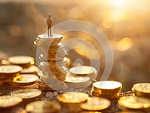 Mini man atop coin pile, handling currency closeup
