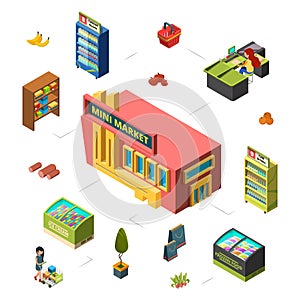 Mini market concept. Grocery store isometric vector illustration. Market building, counters, customer