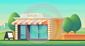 Mini market or shop store with cityscape landscape. Shop building with a glass-glazed storefront. City landscape. Vector photo