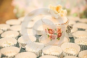 MINI MUG WITH WHITE SUGAR FLOWER SURROUNDED BY MINI CUPCAKES DESSERT IN THE MIDDLE OF A STRAIGHT ARRANGEMENT FOR A WEDDING DESSERT