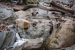 Mini natural waterfall on the rocks in the woods of Central Park in New York