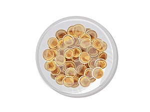 Mini pancake flakes cereal with butter and honey for breakfast on the table. healthy breakfast or snack