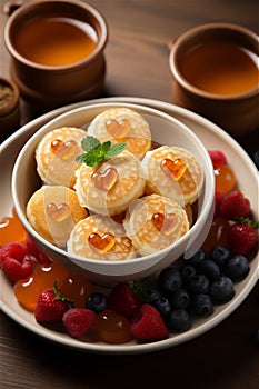 Mini Pancakes with Marmalade Hearts in White Plate with Various Berries and Tea on Background