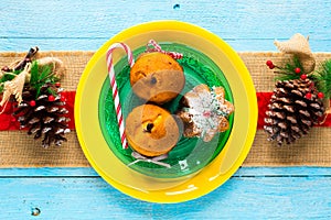 Mini panettone with fruits and Christmas decoration,
