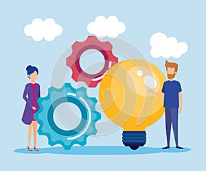 mini people with bulb light idea vector illustration design vector illustrator